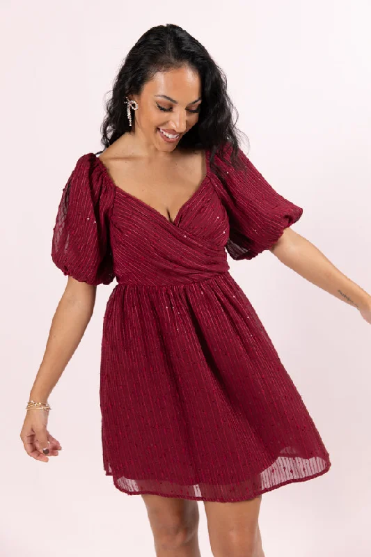 Day dress with oversized sleeves for fashion-forward look -Get Figgy With It Wine Textured Surplice Neckline Holiday Dress Day dress with oversized sleeves for fashion-forward look -Get Figgy With It Wine Textured Surplice Neckline Holiday Dress