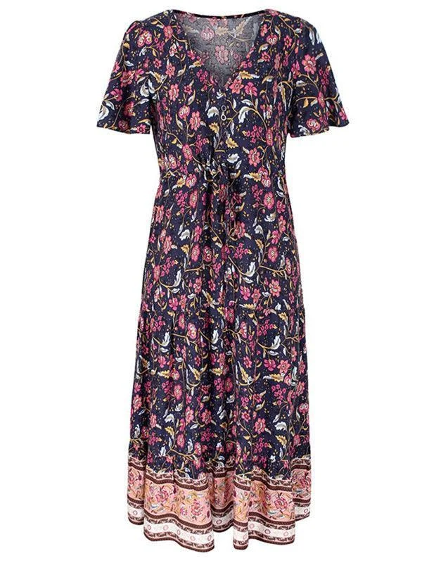 Day dress with faux fur accents for winter wear -V-Neck Floral Maxi Day Dress