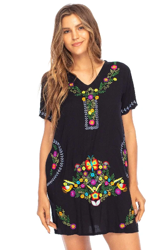 Wrap dresses for summer nights-Short Embroidered Casual Floral Tunic Dress with Pockets