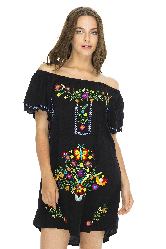 Women's wrap dresses with floral prints-Short Off Shoulder Embroidery Tunic Dress