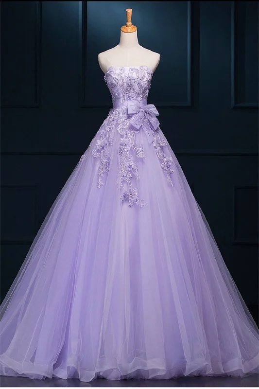 Wedding dress with detailed lace hem for vintage charm -Strapless Long Purple Lace Big Wedding Dress With Bow W4 Wedding dress with detailed lace hem for vintage charm -Strapless Long Purple Lace Big Wedding Dress With Bow W4