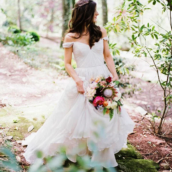 Lace wedding dress with illusion neckline for modern charm -Off Shoulder Ivory Chiffon A-line Beach Wedding Dresses. AB061 Lace wedding dress with illusion neckline for modern charm -Off Shoulder Ivory Chiffon A-line Beach Wedding Dresses. AB061