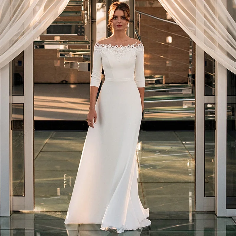 Cinessd Back to school outfit 3/4 Sleeve O-Neck Wedding Dress A-Line Lace Appliques Satin Civil Bridal Gown For Women Robe De Mariee Simle Civil Cheap Cinessd Back to school outfit 3/4 Sleeve O-Neck Wedding Dress A-Line Lace Appliques Satin Civil Bridal Gown For Women Robe De Mariee Simle Civil Cheap