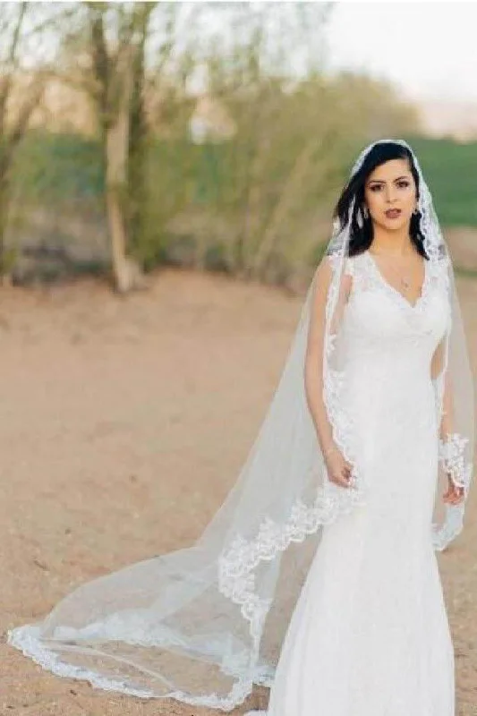 Chic wedding dress with geometric cut-out details -3 Meters Long Tulle Wedding Veils Lace Applique Edge WV8 Chic wedding dress with geometric cut-out details -3 Meters Long Tulle Wedding Veils Lace Applique Edge WV8