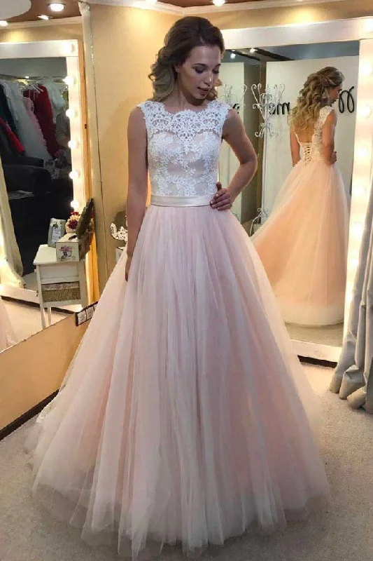 A-line wedding dress with lace overlay for feminine look -A-line Light Pink Tulle with White lace appliqued Long Backless Prom Dresses OK221 A-line wedding dress with lace overlay for feminine look -A-line Light Pink Tulle with White lace appliqued Long Backless Prom Dresses OK221