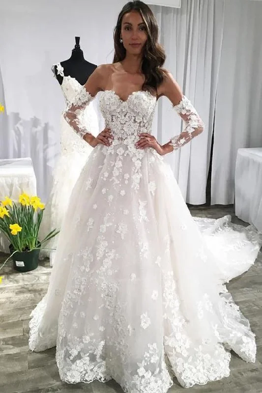 A Line Long Sleeves Ivory Lace Appliques Beads Sweetheart Long Wedding Dresses Prom Dress with Lace cg23727 A Line Long Sleeves Ivory Lace Appliques Beads Sweetheart Long Wedding Dresses Prom Dress with Lace cg23727