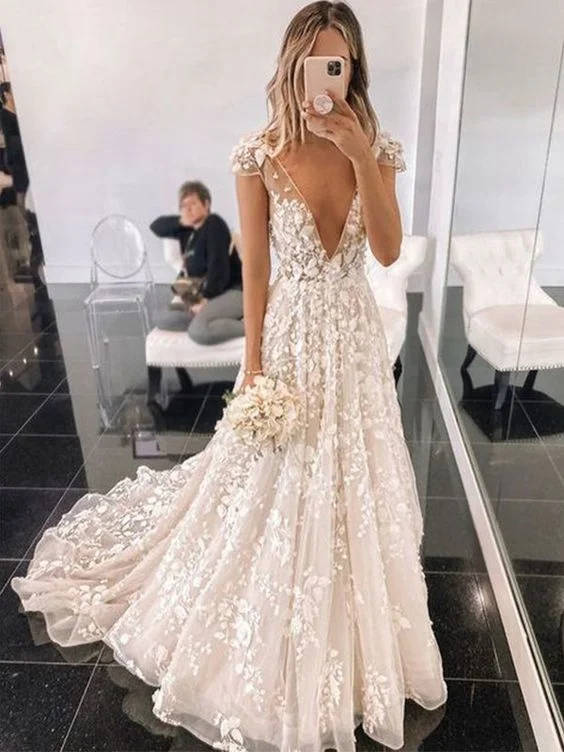 A-Line/Princess Sweep/Brush Train V-neck Applique Tulle Short Sleeves Wedding Dresses Prom Dress cg16081 A-Line/Princess Sweep/Brush Train V-neck Applique Tulle Short Sleeves Wedding Dresses Prom Dress cg16081