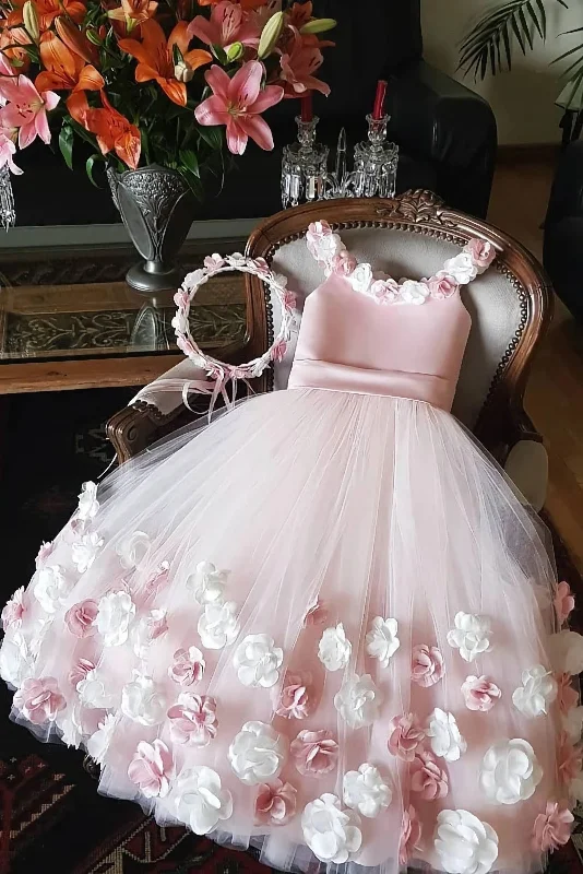 A Line Round Neck Pink Hand Made Flowers Flower Girl Dresses, Tulle Wedding Party Dresses, Srs15019 A Line Round Neck Pink Hand Made Flowers Flower Girl Dresses, Tulle Wedding Party Dresses, Srs15019