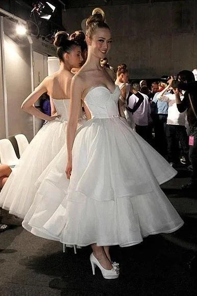 A Line Strapless Sweetheart Organza Tea Length Wedding Dresses, Prom Dresses cg7319 A Line Strapless Sweetheart Organza Tea Length Wedding Dresses, Prom Dresses cg7319