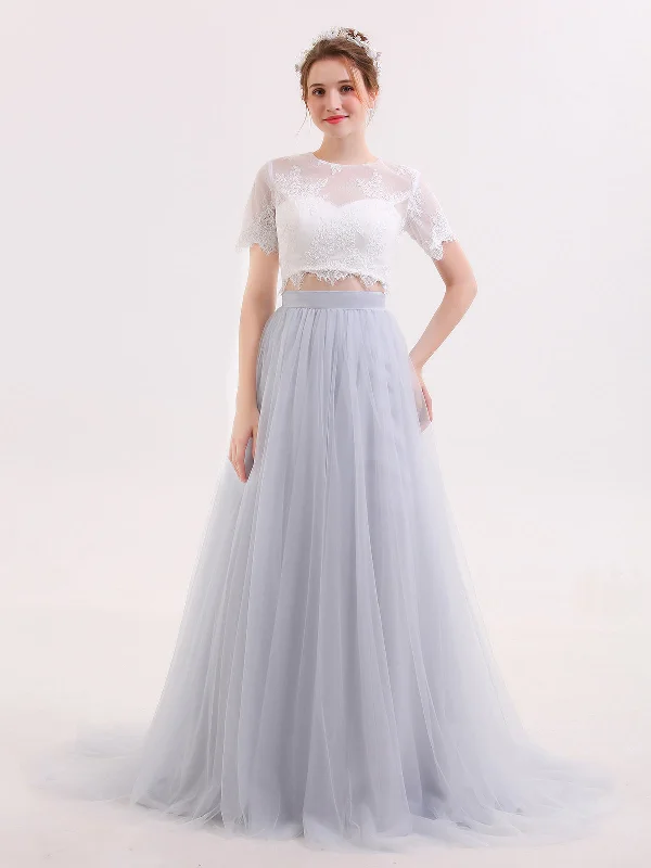 2 Piece Wedding Dress with Half Sleeves-Silver