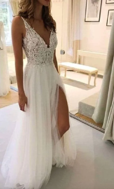 Beach wedding dress with straps Boho lace prom dress with a slit on the sides cg12107 Beach wedding dress with straps Boho lace prom dress with a slit on the sides cg12107