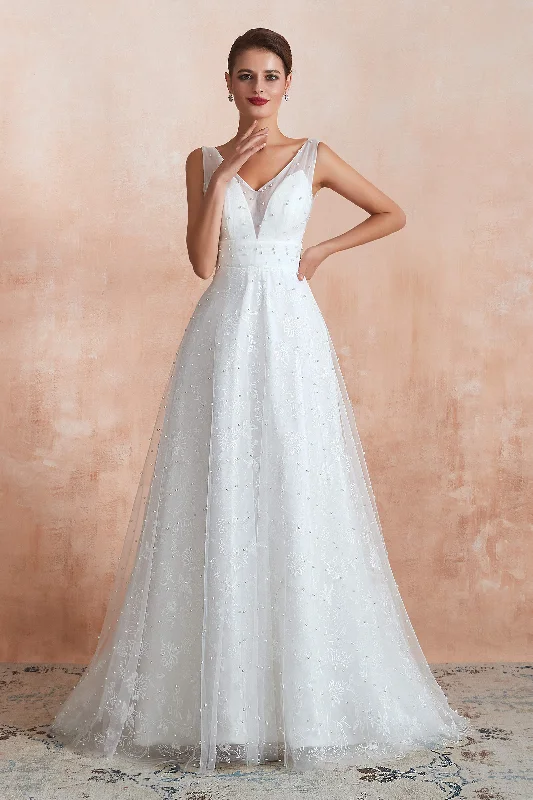 Beading Pearls Lace Floor Length Straps V-Back Backless White A-Line Wedding Dresses Beading Pearls Lace Floor Length Straps V-Back Backless White A-Line Wedding Dresses