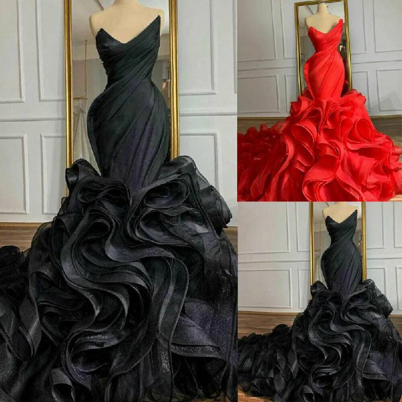 Black Red Wedding Dresses Long Train Organza Tiered Skirt Ruffled Plus Size Gown prom dresses cg23776 Black Red Wedding Dresses Long Train Organza Tiered Skirt Ruffled Plus Size Gown prom dresses cg23776