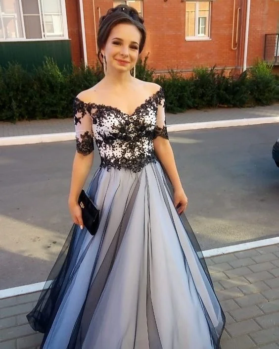 Black/White Prom Dress,Tulle Wedding Dresses,Off the Shoulder Prom Dresses,Appliques Prom Gown cg13790 Black/White Prom Dress,Tulle Wedding Dresses,Off the Shoulder Prom Dresses,Appliques Prom Gown cg13790