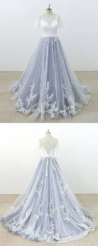 Blue Gray Tulle Ivory Lace Short Sleeve Beach Wedding Dress, Long Pageant Prom Dress cg18034 Blue Gray Tulle Ivory Lace Short Sleeve Beach Wedding Dress, Long Pageant Prom Dress cg18034