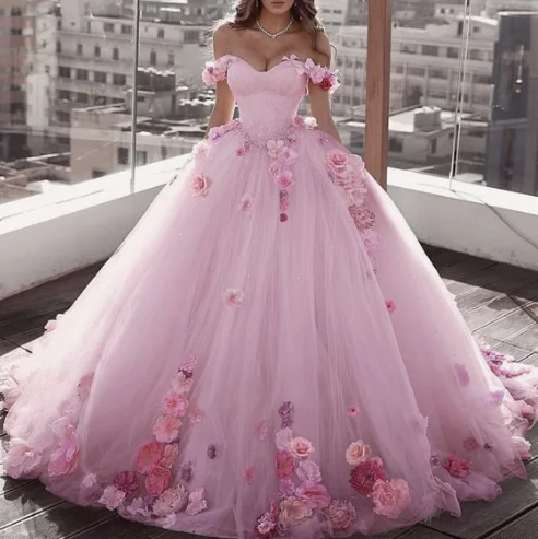 Blush Pink Tulle Off Shoulder Ball Gown Wedding Dresses Floral Flowers Beaded prom gown cg3003 Blush Pink Tulle Off Shoulder Ball Gown Wedding Dresses Floral Flowers Beaded prom gown cg3003