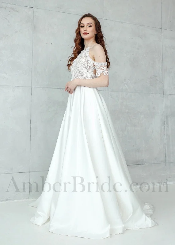 Boho A-Line High Neck Wedding Dress with Lace Top, Sleeveless Design, and Satin Skirt Boho A-Line High Neck Wedding Dress with Lace Top, Sleeveless Design, and Satin Skirt