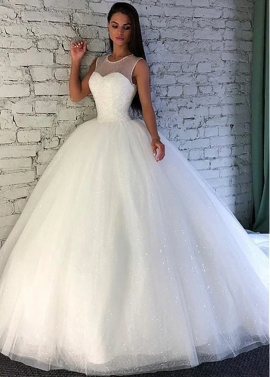 Boho Prom Dress, Shining Sequin Tulle Jewel Neckline Ball Gown Wedding Dress With Beadings cg17735 Boho Prom Dress, Shining Sequin Tulle Jewel Neckline Ball Gown Wedding Dress With Beadings cg17735