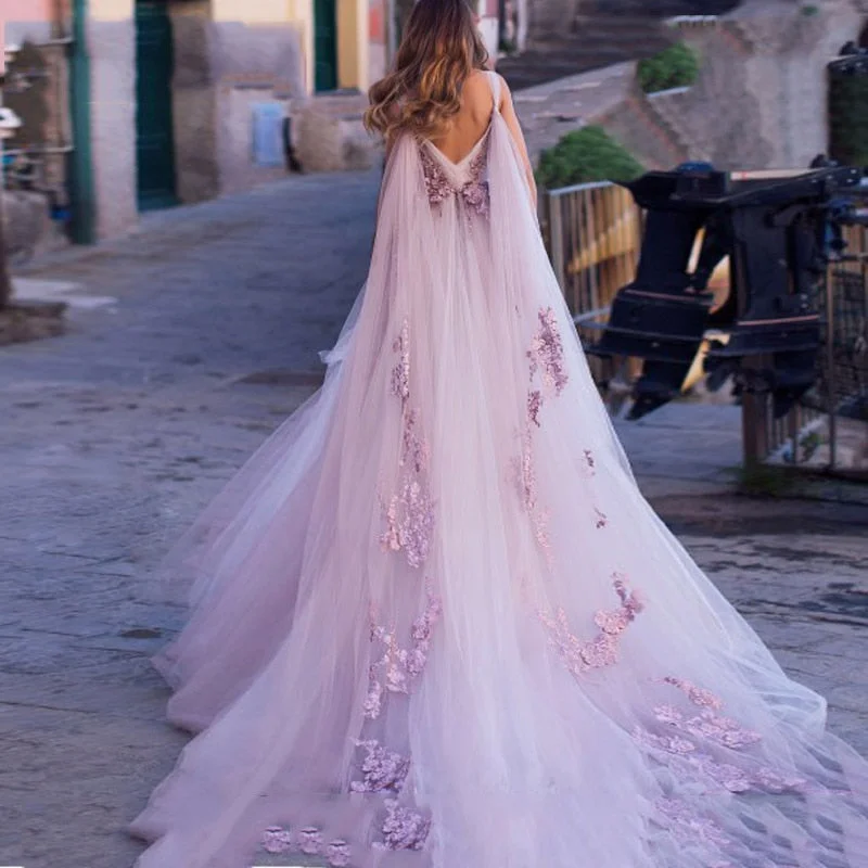 Cinessd Back to school Boho Wedding Dress 2024 3D Flowers Light Purple Beach Bride Dresses Backless Puff Tulle Wedding Gowns Long Train Floor Length Cinessd Back to school Boho Wedding Dress 2024 3D Flowers Light Purple Beach Bride Dresses Backless Puff Tulle Wedding Gowns Long Train Floor Length
