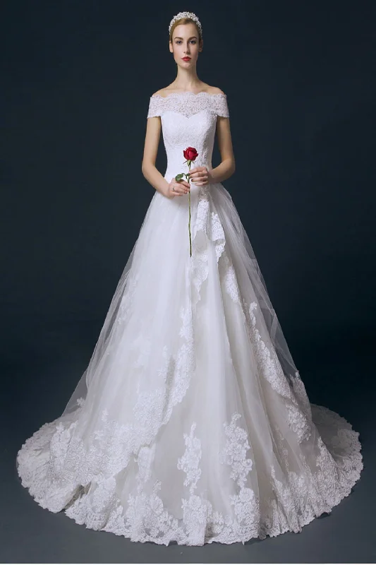 Wedding dress with sheer lace sleeves for soft elegance -Boat Neck Long Ball Gown Big Wedding Dresses With Flowers W11