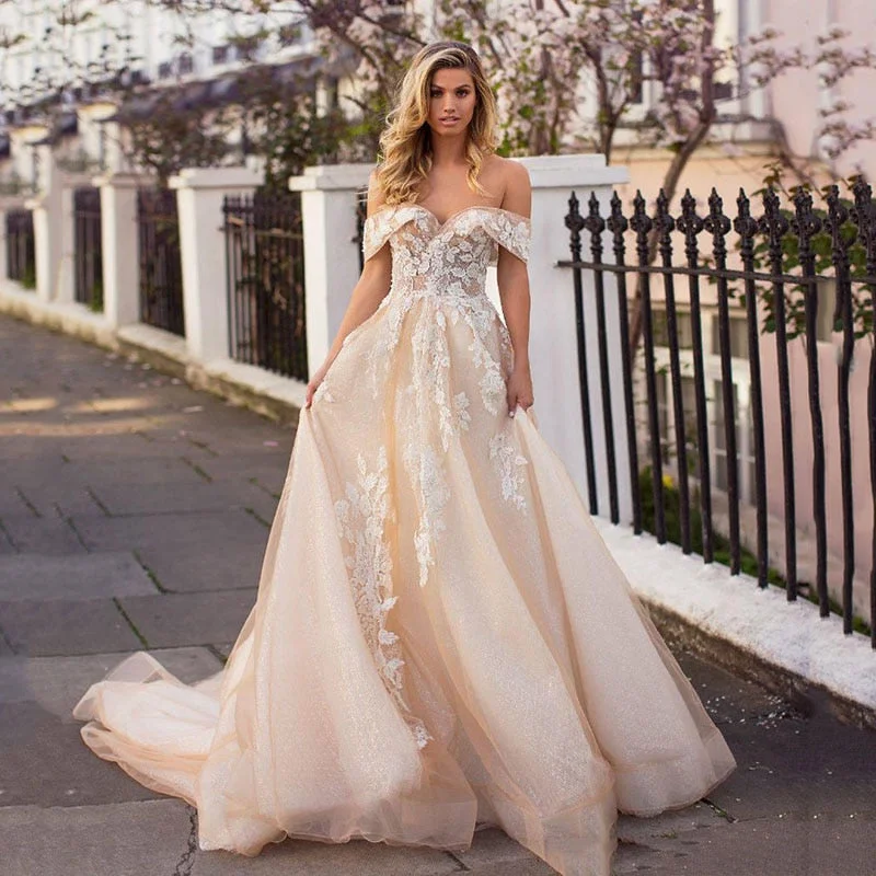 Cinessd Back to school outfit Champagne Wedding Dresses Boho Off Shoulder Lace Appliqued Beach Country Bridal Gowns Custom Made Robe De Mariee For Women Cinessd Back to school outfit Champagne Wedding Dresses Boho Off Shoulder Lace Appliqued Beach Country Bridal Gowns Custom Made Robe De Mariee For Women