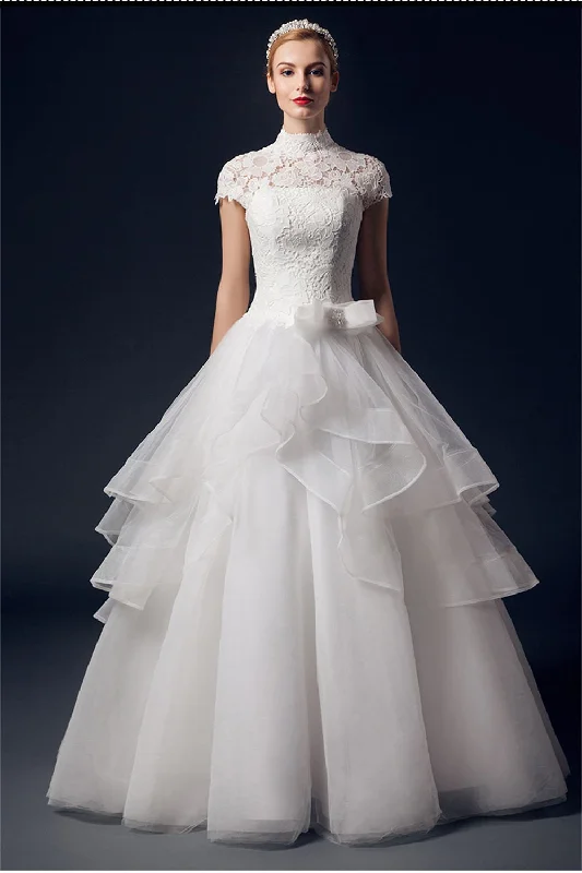 Elegant wedding dress with flowy silhouette -High Neck Short Sleeves Lace Puffy Wedding Dresses W17 Elegant wedding dress with flowy silhouette -High Neck Short Sleeves Lace Puffy Wedding Dresses W17