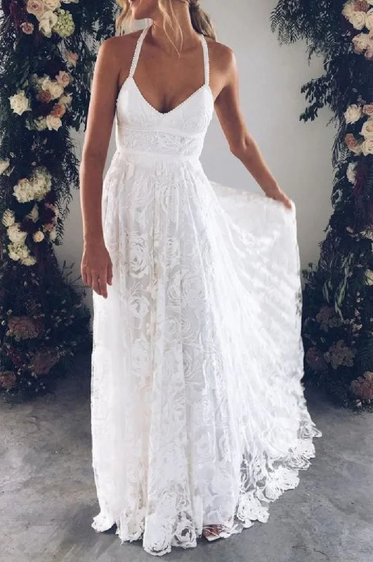 Charming Ivory Lace A Line Spaghetti Straps Backless Side Slit Beach Wedding Dresses Charming Ivory Lace A Line Spaghetti Straps Backless Side Slit Beach Wedding Dresses
