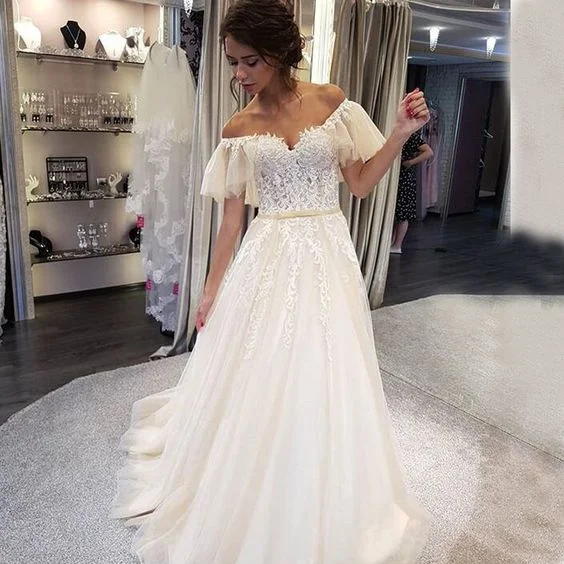 Charming Off Shoulder Lace Top Wedding Dress, Tulle A-Line Applique Prom Dress cg13298 Charming Off Shoulder Lace Top Wedding Dress, Tulle A-Line Applique Prom Dress cg13298