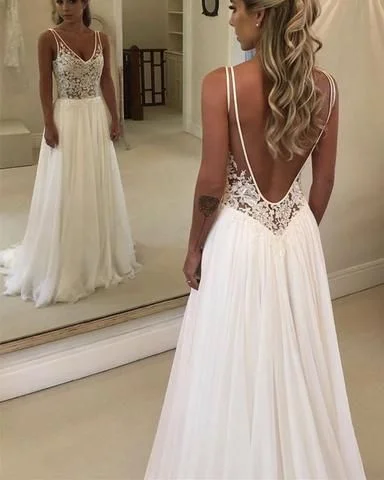 Charming See Through Lace Bodice Chiffon V-neck prom Dresses,Backless with Train Beach Wedding Dresses cg6055 Charming See Through Lace Bodice Chiffon V-neck prom Dresses,Backless with Train Beach Wedding Dresses cg6055