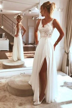 Charming Spaghetti straps Appliques Lace prom Dress,Split Chiffon Beach Wedding Dress cg6054 Charming Spaghetti straps Appliques Lace prom Dress,Split Chiffon Beach Wedding Dress cg6054