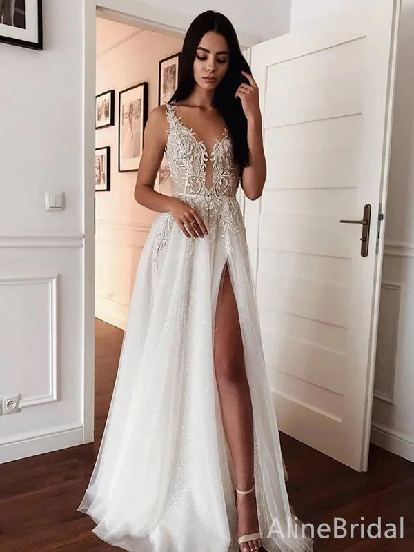 Bridal gown with tulle bodice for soft effect -Elegant V-neck A-line Split Side Long Wedding Dresses,WD3086 Bridal gown with tulle bodice for soft effect -Elegant V-neck A-line Split Side Long Wedding Dresses,WD3086