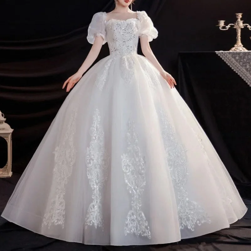 Cinessd -Elegant A Line Wedding Dress for Woman Sweetheart Puffy Sleeves White Bridal Gown with Appliques Slim Waist Robe De Novia Cinessd -Elegant A Line Wedding Dress for Woman Sweetheart Puffy Sleeves White Bridal Gown with Appliques Slim Waist Robe De Novia