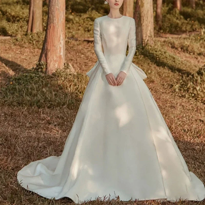 Cinessd fashion inspo Temperament Stain A-Line Wedding Dress Long Sleeves Back Bow O-Neck Bride Gown 2023 Women Princess Full Hemline Vestido De Noiva Cinessd fashion inspo Temperament Stain A-Line Wedding Dress Long Sleeves Back Bow O-Neck Bride Gown 2023 Women Princess Full Hemline Vestido De Noiva