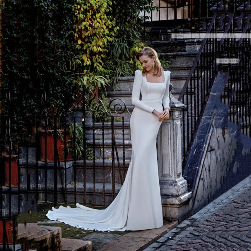 Cinessd Classic Long Sleeves Wedding Dress Square Collar Mermaid Wedding Gown Simple Backless With Button Bridal Dress Robe De Mariee Cinessd Classic Long Sleeves Wedding Dress Square Collar Mermaid Wedding Gown Simple Backless With Button Bridal Dress Robe De Mariee