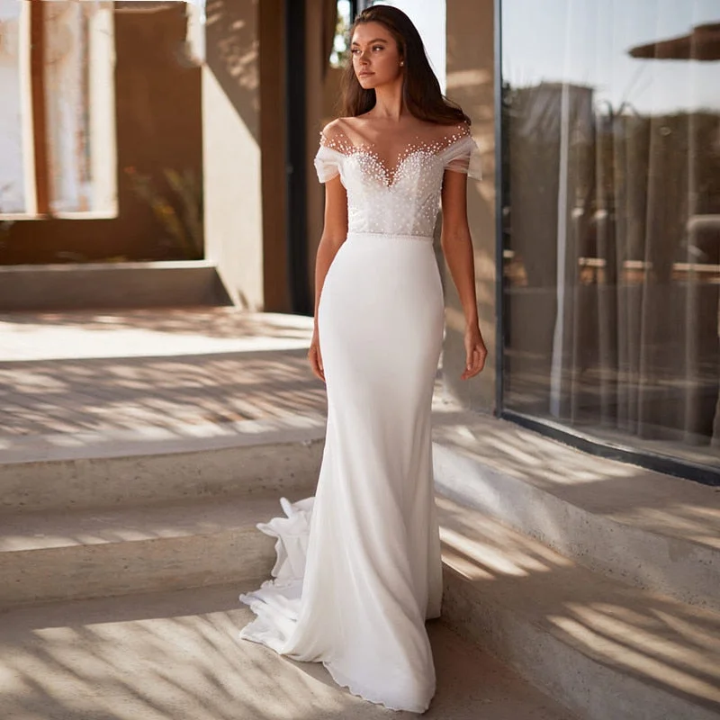 Cinessd Back to school outfit Classic Mermaid Short Sleeves Bridal Wedding Dresses For Women Lady Illusion Neckline Pearls Wedding Gowns For Bride Sheer Back Cinessd Back to school outfit Classic Mermaid Short Sleeves Bridal Wedding Dresses For Women Lady Illusion Neckline Pearls Wedding Gowns For Bride Sheer Back