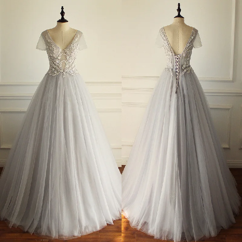 Elegant wedding dress with deep scoop neckline -Elegant A-line Short Illusion Sleeve Appliques Rhinestone Lace Up Back Floor Length Wedding Dress, AB1095 Elegant wedding dress with deep scoop neckline -Elegant A-line Short Illusion Sleeve Appliques Rhinestone Lace Up Back Floor Length Wedding Dress, AB1095