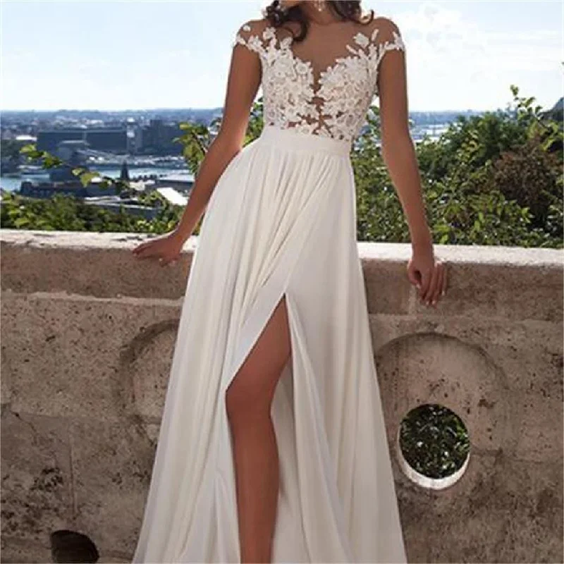 Wedding dress with strapless design for classic look -Long A-Line White Lace With Appliques Side Slit Sexy Wedding Party Dresses, WD0124 Wedding dress with strapless design for classic look -Long A-Line White Lace With Appliques Side Slit Sexy Wedding Party Dresses, WD0124
