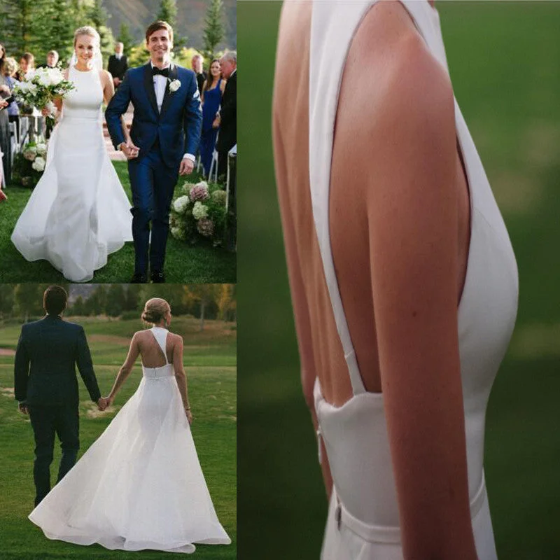 Wedding dress with wrap-around design for comfort -Elegant Long A-line White Satin Tulle Train Shoulder Strap High Neckline Wedding Dress, AB1089 Wedding dress with wrap-around design for comfort -Elegant Long A-line White Satin Tulle Train Shoulder Strap High Neckline Wedding Dress, AB1089