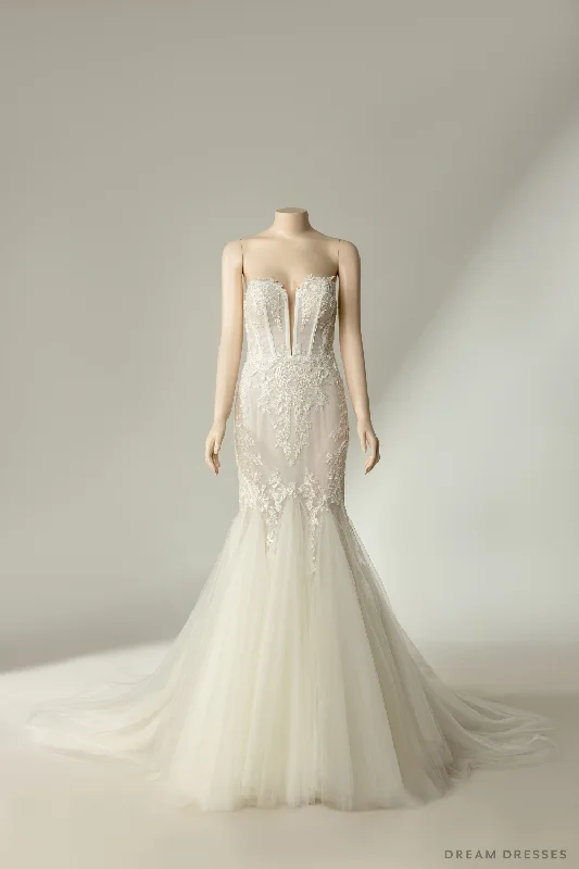 Vintage wedding dress with full chiffon skirt -Couture Mermaid Wedding Dress with Sheer Back (#CALISTA) Vintage wedding dress with full chiffon skirt -Couture Mermaid Wedding Dress with Sheer Back (#CALISTA)