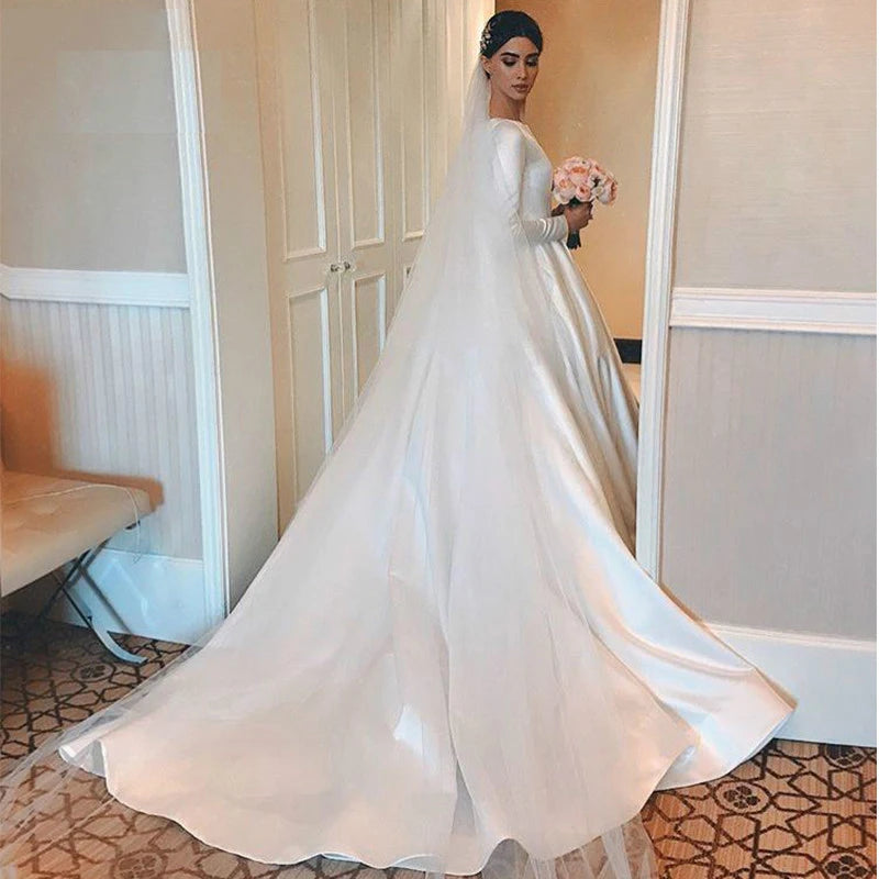 Cinessd Customized Vestidos De Novia Simple Vintage White Satin Wedding Dress Long Sleeves Princesa Bridal Gown CustomizedRobe Mariée Cinessd Customized Vestidos De Novia Simple Vintage White Satin Wedding Dress Long Sleeves Princesa Bridal Gown CustomizedRobe Mariée