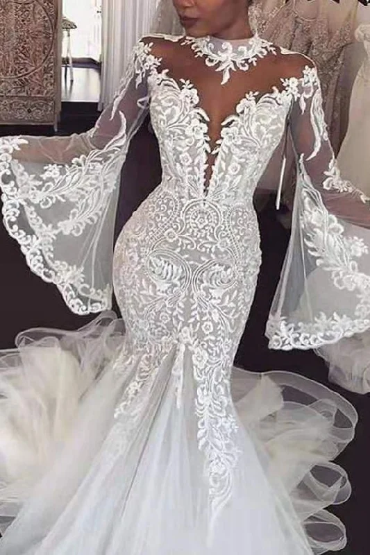 Dazzling High Collar Neckline Mermaid Wedding Dress With Lace Appliques & Bell Sleeves Prom Party Dress cg18443 Dazzling High Collar Neckline Mermaid Wedding Dress With Lace Appliques & Bell Sleeves Prom Party Dress cg18443
