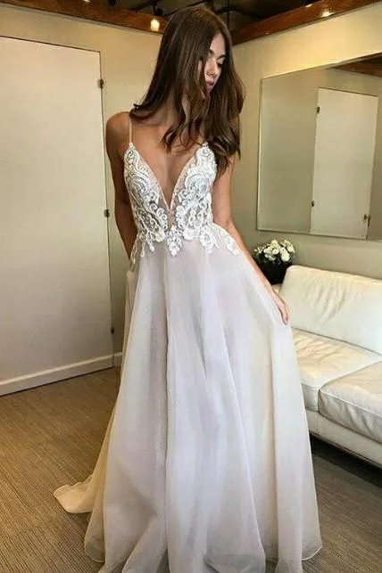 Deep V-neck Spaghetti Straps Lace Appliqued Beach Wedding Dress,Sexy Prom Dresses cg399 Deep V-neck Spaghetti Straps Lace Appliqued Beach Wedding Dress,Sexy Prom Dresses cg399