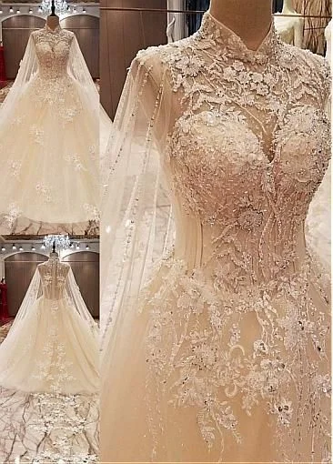 Delicate Tulle High Collar Ball Gown Wedding Dresses With Lace Appliques & Handmade Flower & Beadings C2415 Delicate Tulle High Collar Ball Gown Wedding Dresses With Lace Appliques & Handmade Flower & Beadings C2415