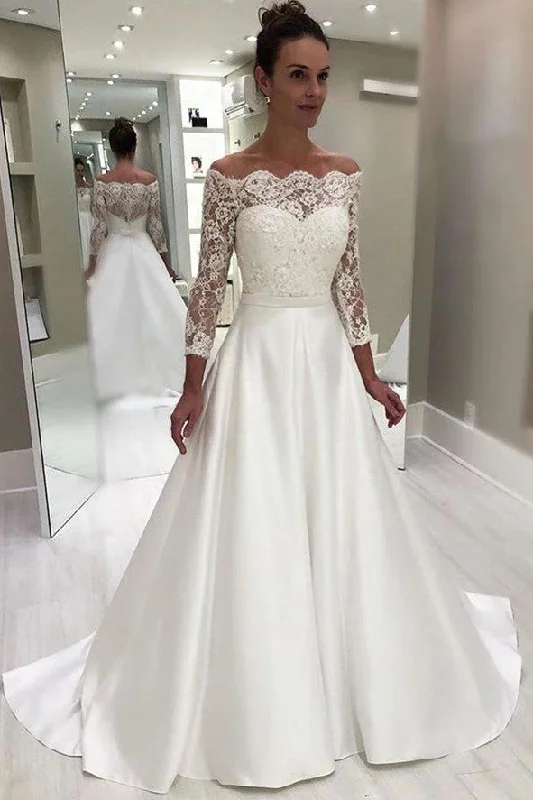 Bridal dress with long flowing train for impact -Elegant A-line Sweetheart 3/4 Sleeves White Floor Length Prom/Wedding Dress With Lace Top OK101 Bridal dress with long flowing train for impact -Elegant A-line Sweetheart 3/4 Sleeves White Floor Length Prom/Wedding Dress With Lace Top OK101