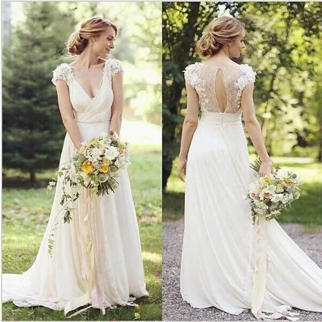 Cinessd Elegant A-Line Wedding Dresses V-Neck Sweep Train Lace Cap Sleeve Country Romantic Illusion Detail Backless With Appliques Cinessd Elegant A-Line Wedding Dresses V-Neck Sweep Train Lace Cap Sleeve Country Romantic Illusion Detail Backless With Appliques