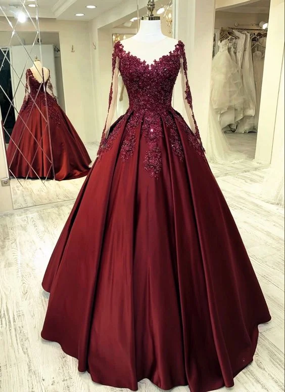Elegant burgundy wedding dress lace long sleeves ball gown sheer neckline for women prom dress, evening dress cg21004 Elegant burgundy wedding dress lace long sleeves ball gown sheer neckline for women prom dress, evening dress cg21004