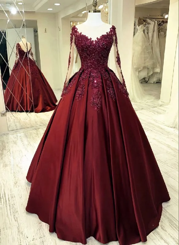Elegant burgundy wedding dress lace long sleeves ball gown sheer neckline for women prom dress Elegant burgundy wedding dress lace long sleeves ball gown sheer neckline for women prom dress