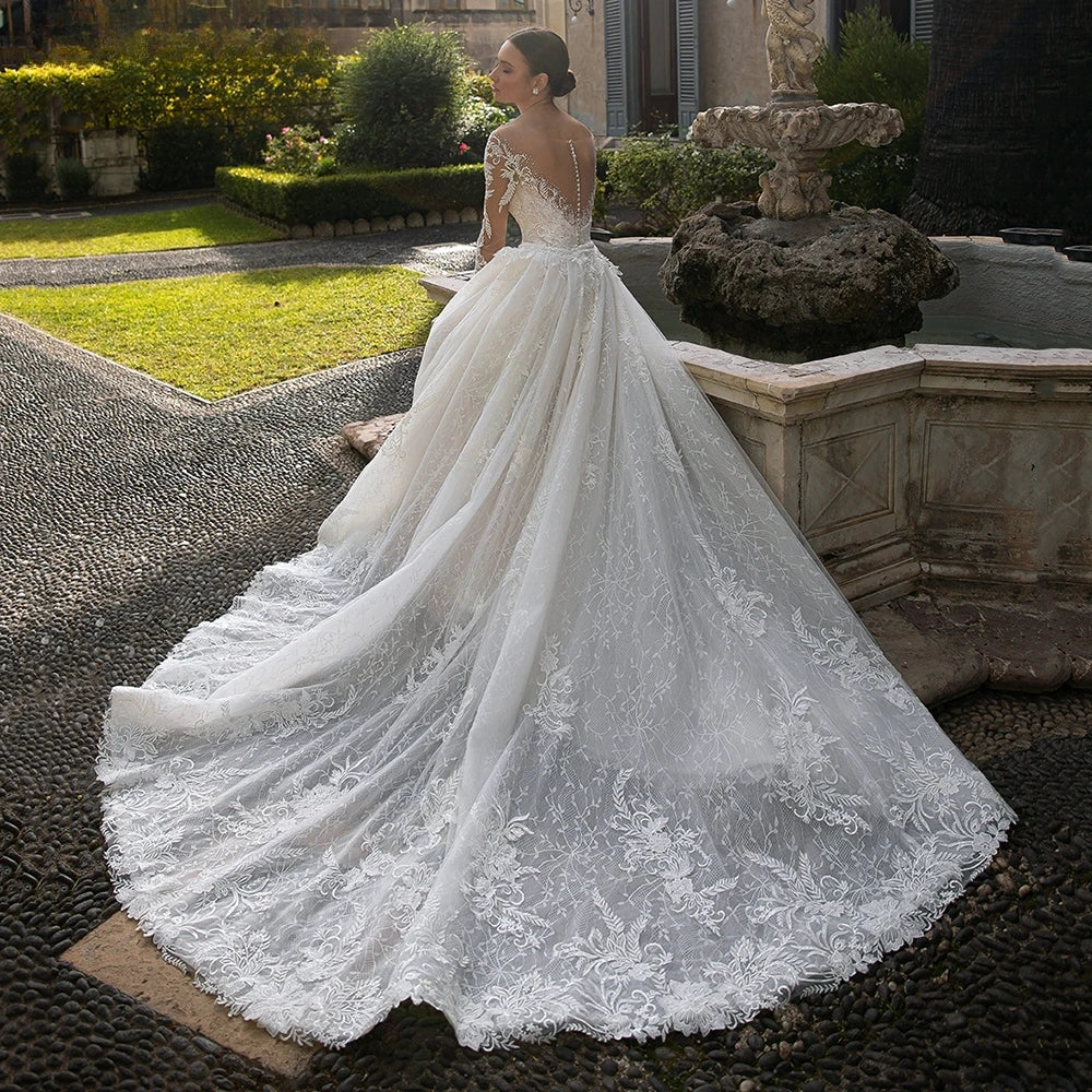 Cinessd Elegant Illusion Scoop Neck Mermaid Wedding Dresses Luxury Lace Appliques Wedding Dress with Detachable Train vestidos de novia Cinessd Elegant Illusion Scoop Neck Mermaid Wedding Dresses Luxury Lace Appliques Wedding Dress with Detachable Train vestidos de novia