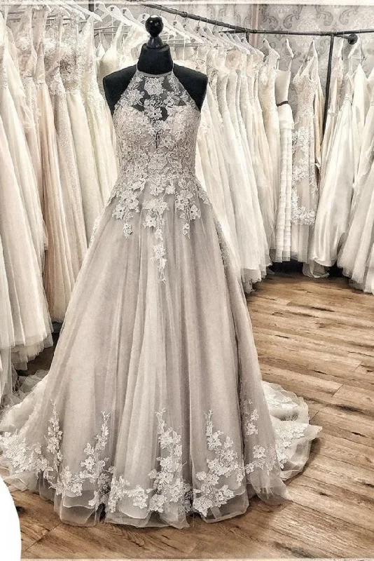 Elegant Long A-line Halter Backless Appliques Lace Tulle Ruffles Train Wedding Dress Elegant Long A-line Halter Backless Appliques Lace Tulle Ruffles Train Wedding Dress