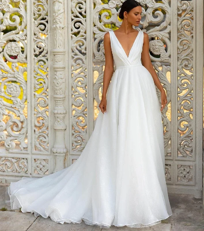 Cinessd Elegant Long Tulle Wedding Dresses Boho White V-Neck Sweep Train Open Back A-Line Bridal Dress Vestido De Noiva For Women Cinessd Elegant Long Tulle Wedding Dresses Boho White V-Neck Sweep Train Open Back A-Line Bridal Dress Vestido De Noiva For Women